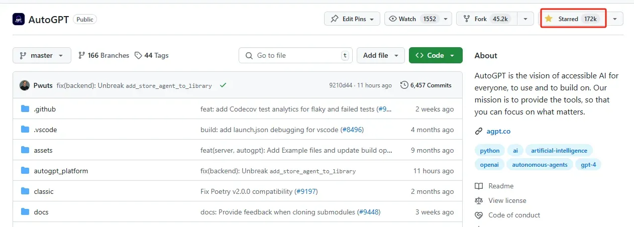 AutoGPT GitHub 上斩获了 172K 的星标